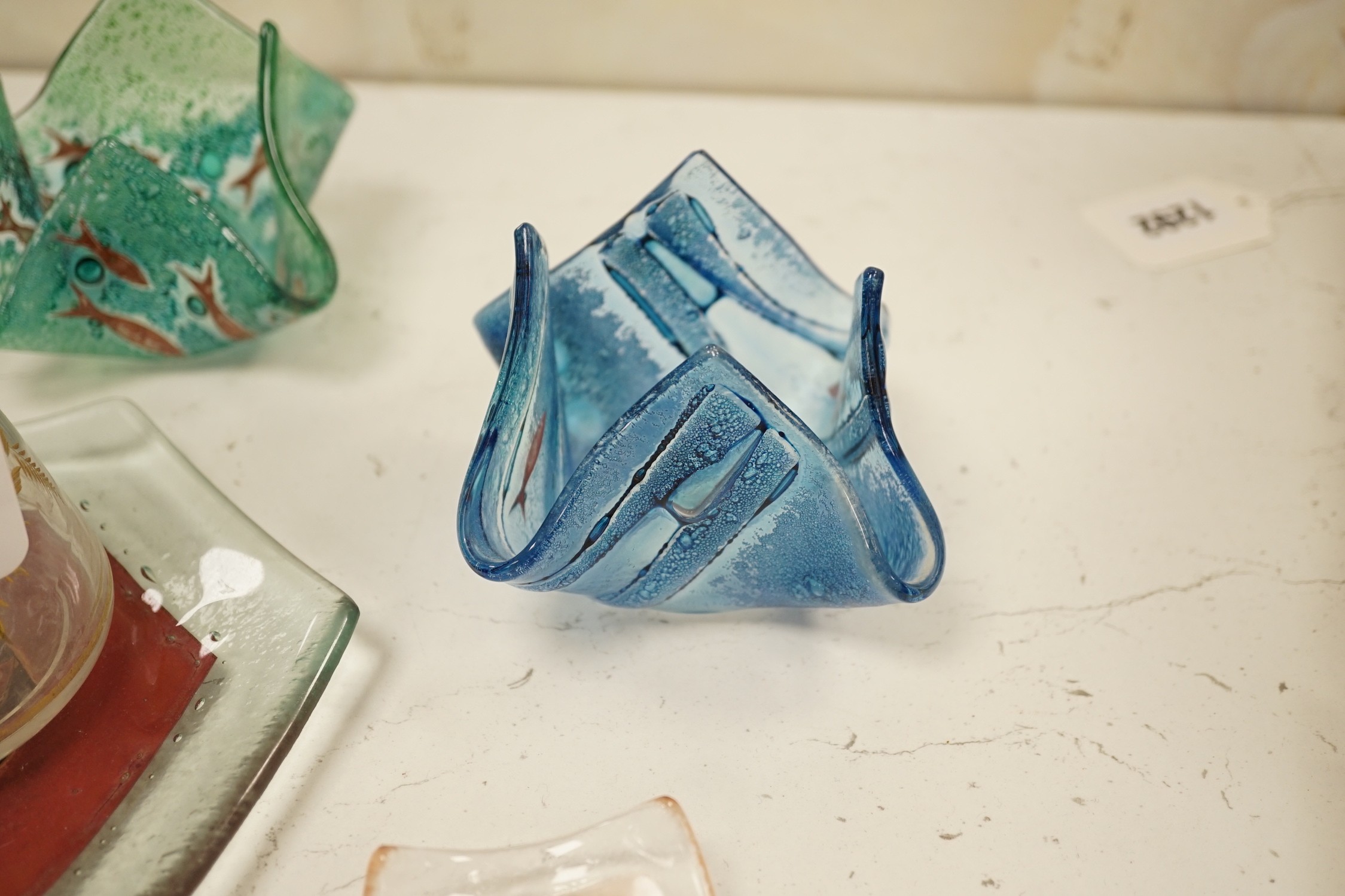 Three glass handkerchief vases and six other glass items